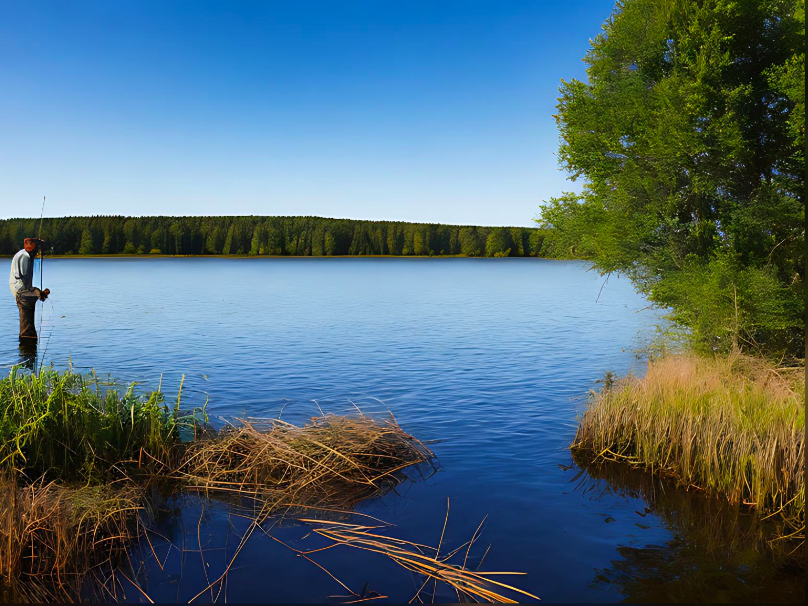 A man navigates a lake shoreline in waders as he determines how to fish the shore.