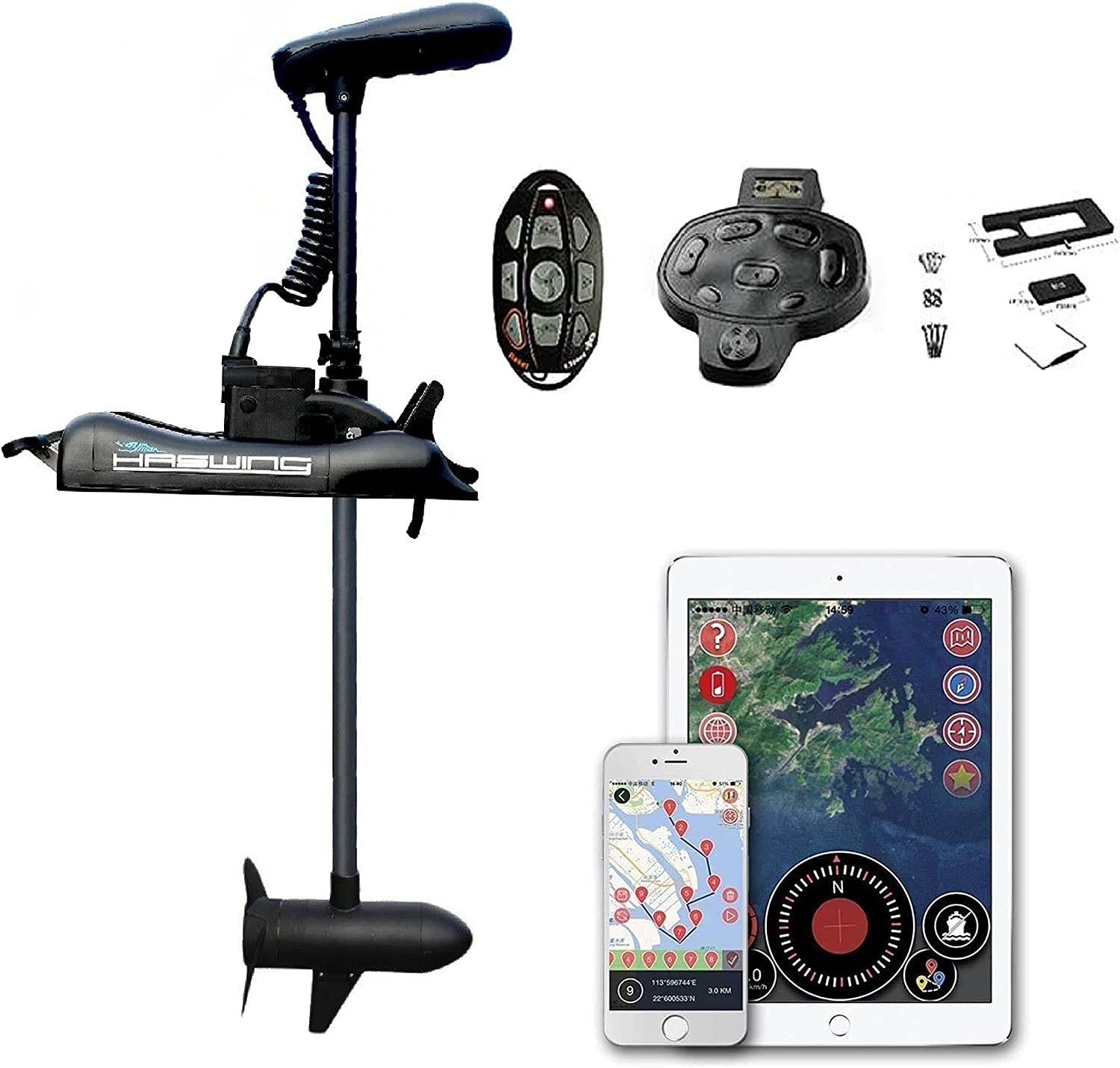 A photograph of the Haswing Cayman GPS trolling motor and it's wireless remote system.