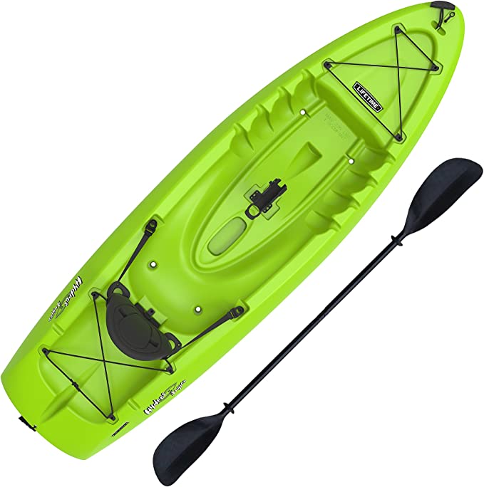 Photo of a green kayak with paddle.
