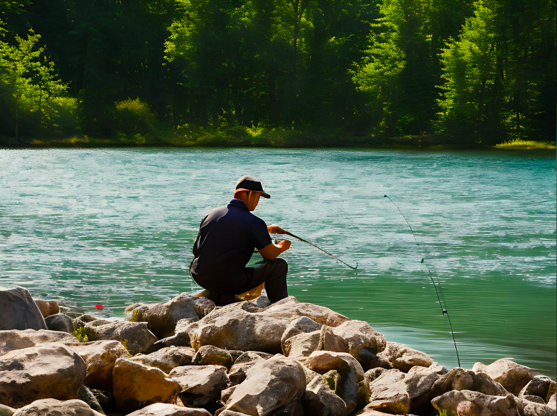 Picture of a man sitting on a rocky shoreline and surveying the bank to learn how he can fish the shore for bass.