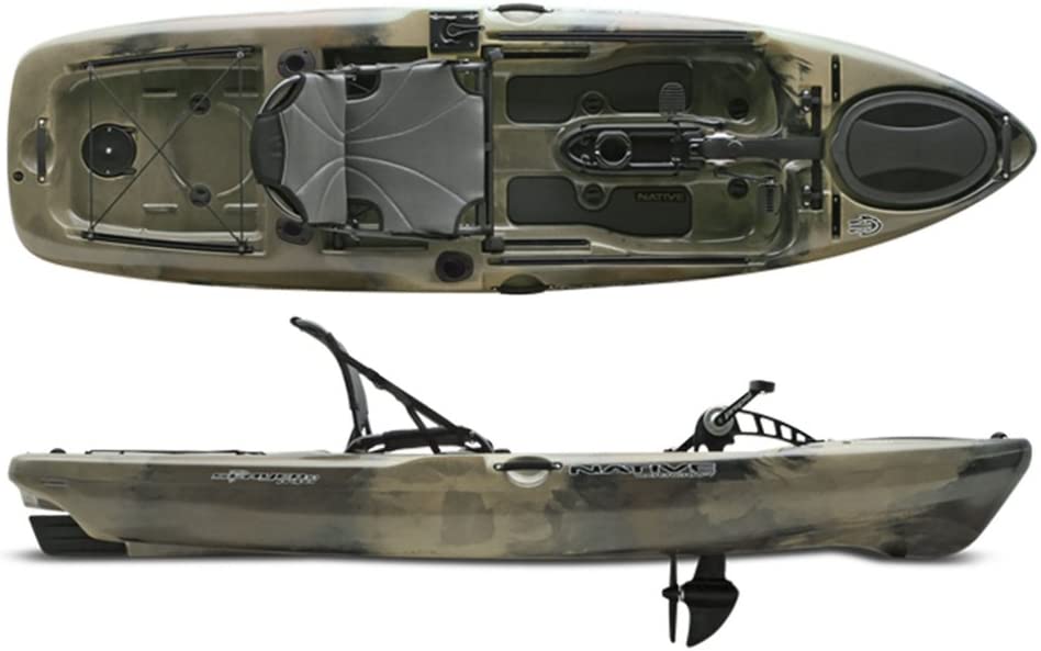 Detailed view of a brown kayak with a trolling motor that's used for fishing.