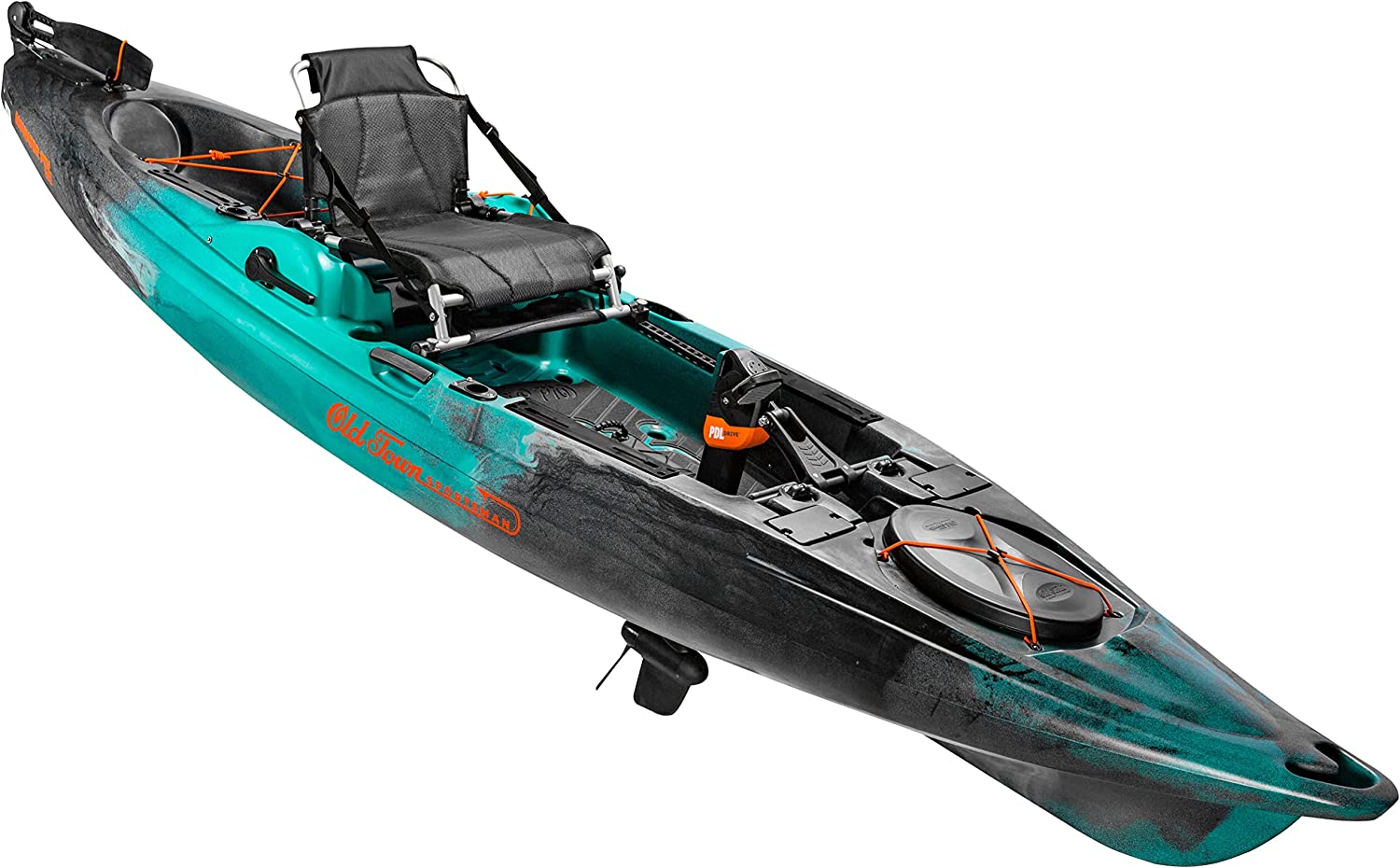 Photograph of a green kayak with a seat and foot pedal system.