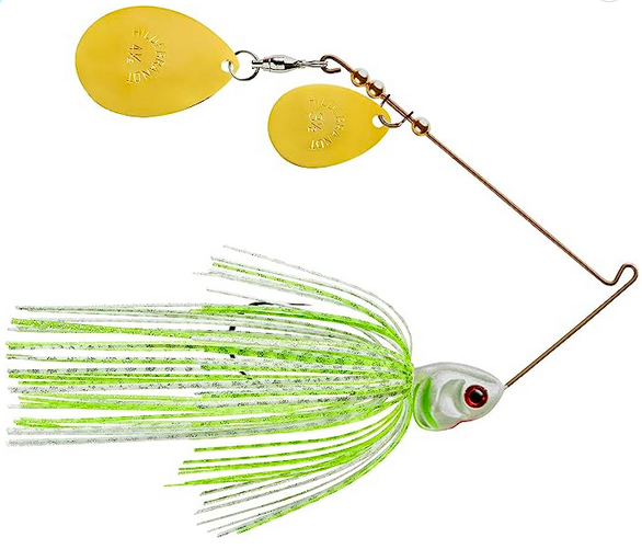 Image of a yellow and green Colorado spinnerbait which is used to attract and catch Bass while fishing - especially when trolling.