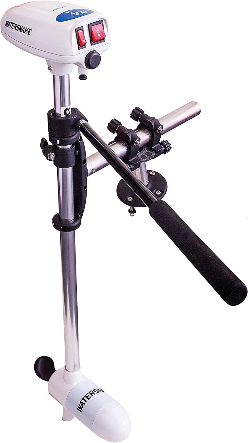 A white Watersnake T18 trolling motor which is commonly used for small fishing vessels.