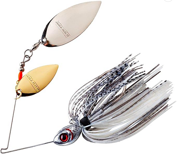 Image of a white and black willow blade spinnerbait used when trolling for bass at high speeds.